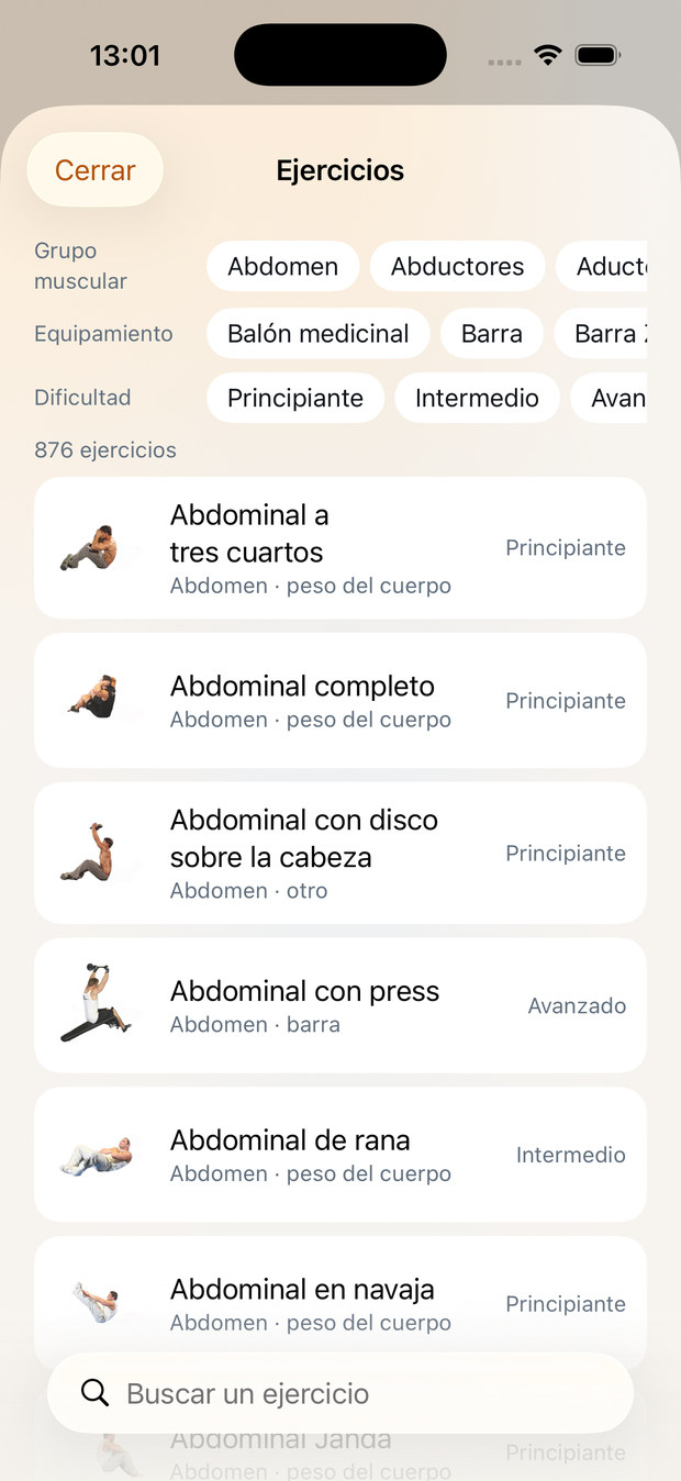 Biblioteca de 876 ejercicios con filtros por grupo muscular, equipamiento y dificultad.