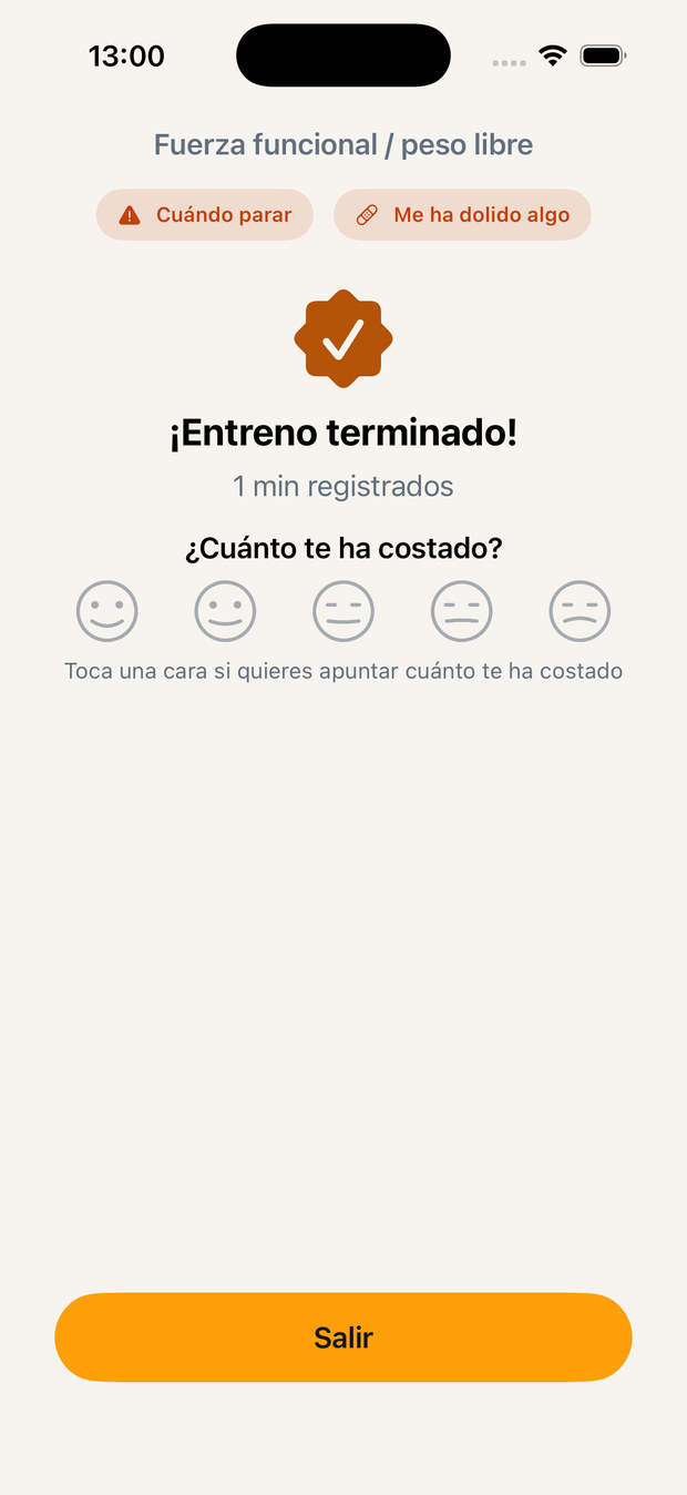 Pantalla de entreno terminado con las cinco caras de esfuerzo.